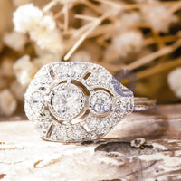 Round Cut Moissanite Three Stone Vintage Edwardian Wedding Ring