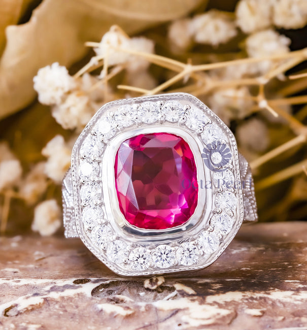 Pink Cushion Cut CZ Stone Bezel Milgrain Bezel Set Vintage Style Ring