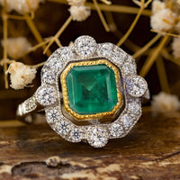 Green Asscher Cut CZ Stone Milgrain Bezel Set Halo Vintage Art Deco Style Wedding Ring