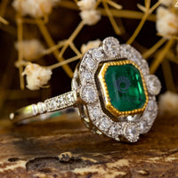 Green Asscher Cut CZ Stone Milgrain Bezel Set Halo Vintage Art Deco Style Wedding Ring ( 3 8/9 TCW)