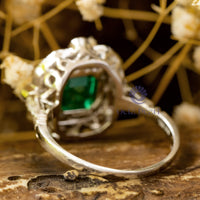 Green Asscher Cut CZ Stone Milgrain Bezel Set Halo Vintage Art Deco Style Wedding Ring ( 3 8/9 TCW)