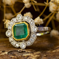 Green Asscher Cut CZ Stone Milgrain Bezel Set Halo Vintage Art Deco Style Wedding Ring ( 3 8/9 TCW)