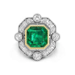 Green Asscher Cut CZ Stone Milgrain Bezel Set Halo Vintage Art Deco Style Wedding Ring