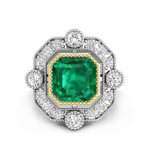 Green Asscher Cut CZ Stone Milgrain Bezel Set Halo Vintage Art Deco Style Wedding Ring