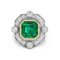 Green Asscher Cut CZ Stone Milgrain Bezel Set Halo Vintage Art Deco Style Wedding Ring