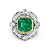 Green Asscher Cut CZ Stone Milgrain Bezel Set Halo Vintage Art Deco Style Wedding Ring