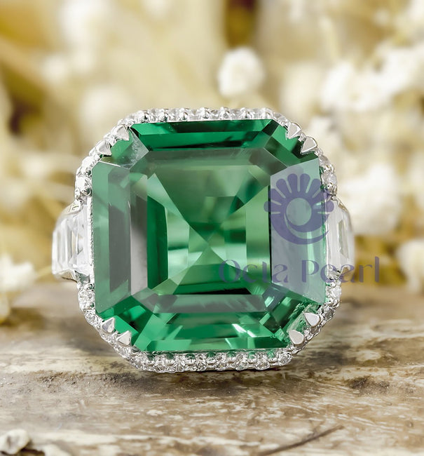 Green Asscher With Baguette CZ Stone Halo Channel Setting Engagement Ring