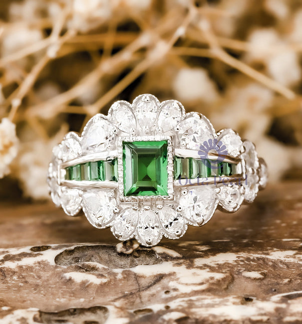 Vintage Art Deco Green Emerald CZ Stone Milgrain Bezel Set Engagement Wedding Ring