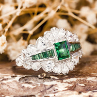 Vintage Art Deco Green Emerald CZ Stone Milgrain Bezel Set Engagement Wedding Ring