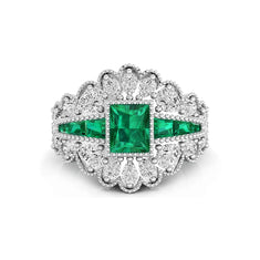 Vintage Art Deco Green Emerald CZ Stone Milgrain Bezel Set Engagement Wedding Ring