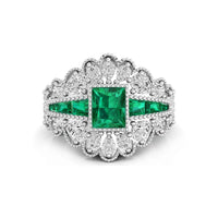Vintage Art Deco Green Emerald CZ Stone Milgrain Bezel Set Engagement Wedding Ring