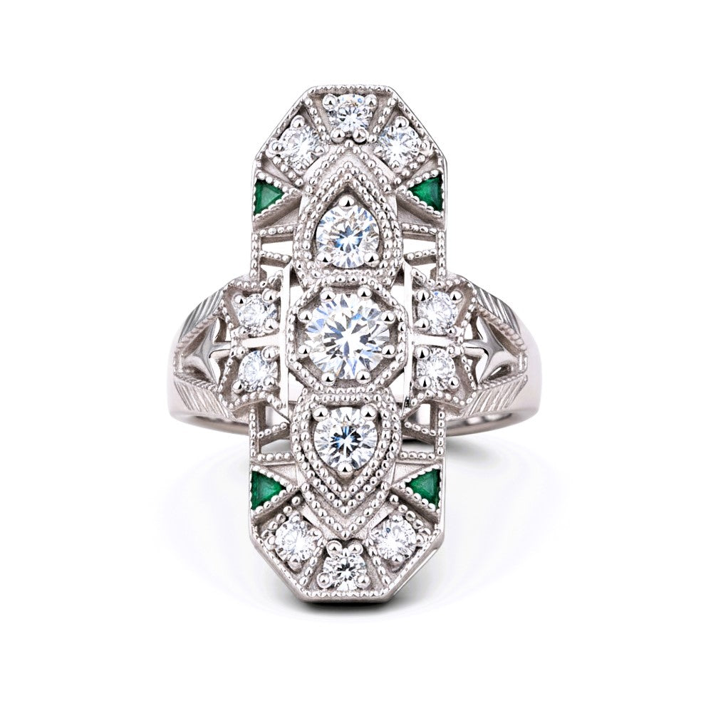 Round & Green Triangle CZ Stone Milgrain Art Deco Vintage Victorian Lozenge Dinner Ring