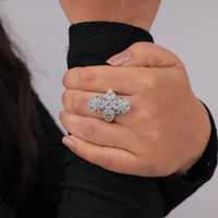 Victorian Art Deco CZ Cocktail Ring – Milgrain Lozenge Design with Green Triangle Accents