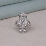 Art Deco Lozenge Dinner Ring – Vintage Victorian Style with Green Triangle & Round CZ, Milgrain Detailing
