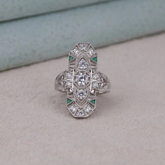 Round & Green Triangle CZ Stone Milgrain Art Deco Vintage Victorian Lozenge Dinner Ring