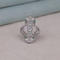 Art Deco Lozenge Dinner Ring – Vintage Victorian Style with Green Triangle & Round CZ, Milgrain Detailing