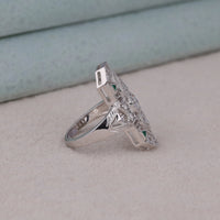 Silver ring with diamond accents on a light gray surface, Elegant Lozenge CZ Ring, Unique Antique Style Ring, Green Gem Ring for Women, Triangle CZ Fashion Ring