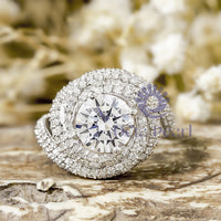 Round Cut Moissanite Swirl Halo Bypass Shank Engagement Wedding Ring (3 1/3 TCW)