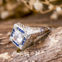 Old European Cut & Blue Princess Cut CZ Stone Vintage Art Deco Filigree Style Wedding Ring