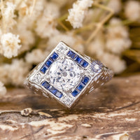 Old European Cut & Blue Princess Cut CZ Stone Vintage Art Deco Filigree Style Wedding Ring