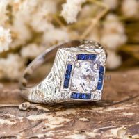 Old European Cut & Blue Princess Cut CZ Stone Vintage Art Deco Filigree Style Wedding Ring