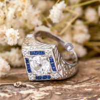 Old European Cut & Blue Princess Cut CZ Stone Vintage Art Deco Filigree Style Wedding Ring