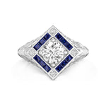 Old European Cut & Blue Princess Cut CZ Stone Vintage Art Deco Filigree Style Wedding Ring