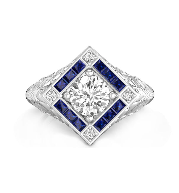 Old European Cut & Blue Princess Cut CZ Stone Vintage Art Deco Filigree Style Wedding Ring