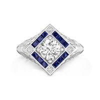 Old European Cut & Blue Princess Cut CZ Stone Vintage Art Deco Filigree Style Wedding Ring