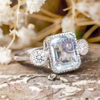 Aqua Emerald & Round Cut CZ Stone Milgrain Bezel Set Past Present Future Ring For Wedding