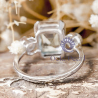 Aqua Emerald & Round Cut CZ Stone Milgrain Bezel Set Past Present Future Ring For Wedding