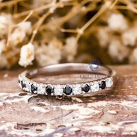 Black & White Round Cut CZ Stone Half Eternity Engagement Wedding Band