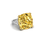 Ring with a large yellow gemstone and smaller diamonds on a white background, Yellow Cushion Cut CZ Three Stone Cocktail Ring For Wedding