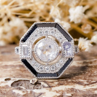 Old European Cut CZ Stone Geometric Bezel Set Art Deco Engagement Ring