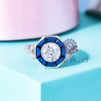 CZ Round With Baguette Blue Sapphire Bezel Set Halo Vintage Engagement Ring