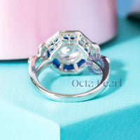 CZ Round With Baguette Blue Sapphire Bezel Set Halo Vintage Engagement Ring