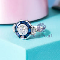 CZ Round With Baguette Blue Sapphire Bezel Set Halo Vintage Engagement Ring