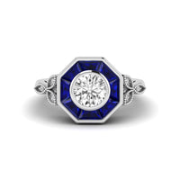 CZ Round With Baguette Blue Sapphire Bezel Set Halo Vintage Engagement Ring