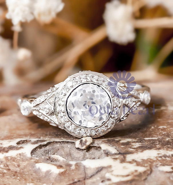 Old European Cut Moissanite Halo Flower Decorates Vintage Edwardian Ring