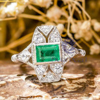 Green Emerald Cut CZ Stone Bezel Set Art Deco Vintage Wedding Ring