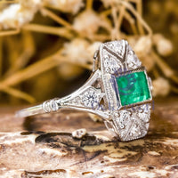 Green Emerald Cut CZ Stone Bezel Set Art Deco Vintage Wedding Ring