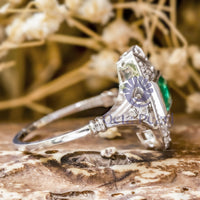 Green Emerald Cut CZ Stone Bezel Set Art Deco Vintage Wedding Ring