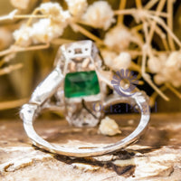 Green Emerald Cut CZ Stone Bezel Set Art Deco Vintage Wedding Ring