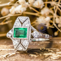 Green Emerald Cut CZ Stone Bezel Set Art Deco Vintage Wedding Ring