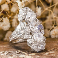 Milgrain Bezel Set Old European Cut Moissanite Three Stone Art Deco Navette Ring For Wedding