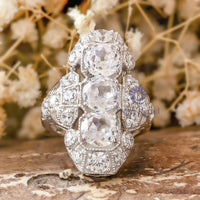 Milgrain Bezel Set Old European Cut Moissanite Three Stone Art Deco Navette Ring For Wedding