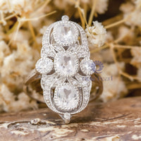 Old Mine Cut With Round Cut Moissanite Bezel Set Milgrain Art Deco Vintage Engagement Ring