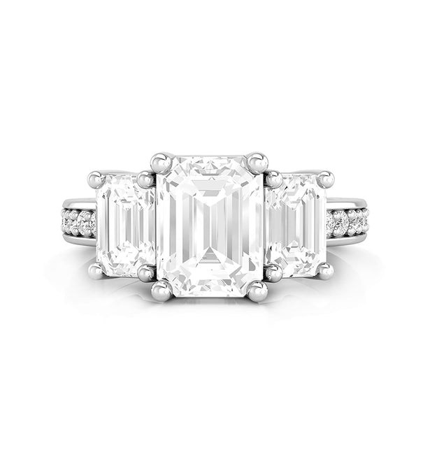 Tri-Stone Emerald Cut Bridal Ring With CZ Accent