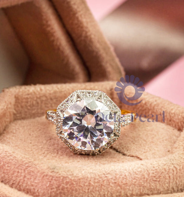 Antique Round Moissanite Octagon Shape Art Deco Engagement Ring