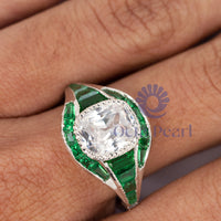 Cushion With Green Baguette Cut CZ Stone Milgiran Bezel Set Vintage Ring